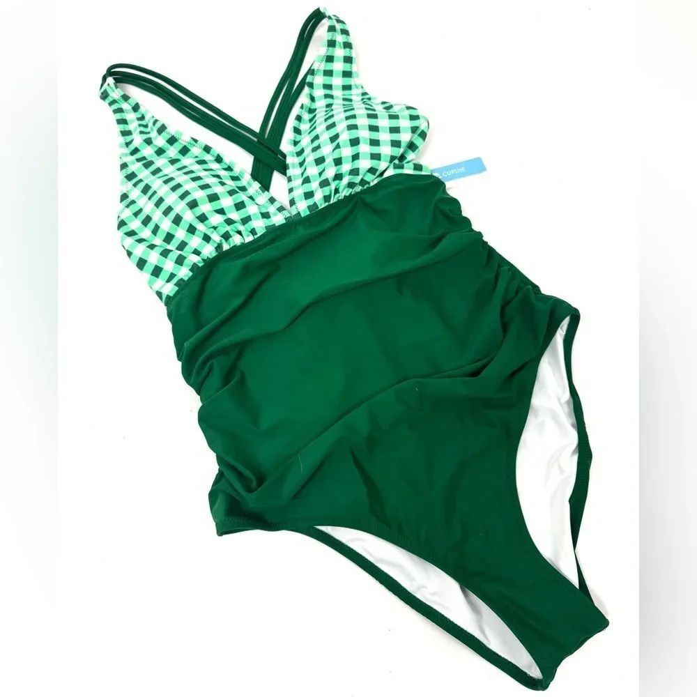 Green One Piece V Neck Slimming Swimwear Tummy Control L